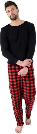 Leveret Mens Cotton Top & Fleece Pants Printed Matching Family Holiday Pajama Set in Plaid Black & Red at Nordstrom, Size Xx-Large