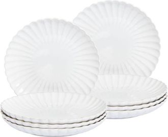 Beliani Conjunto De 8 Platos Llanos Grandes De Gres Caol&iacute;n Para Postres Artesanal Acabado Esmalte Reactivo Blanco Nettle