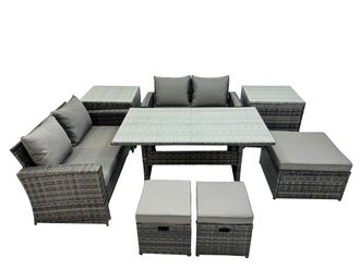 Fimous 7 Seater Outdoor Table Double Seat Sofa 2 Side Table 3 Stool Set in Dark Grey