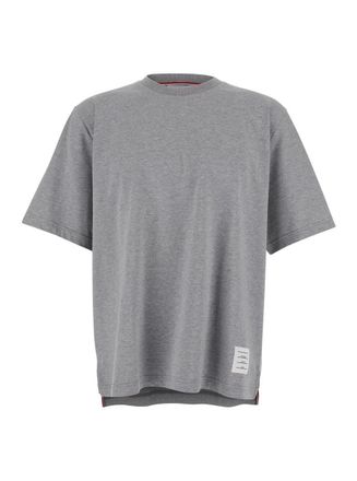 Thom Browne Grey Crewneck T-Shirt With Logo Patch On The Front And Striped Detail On The Rear In Cotton Man