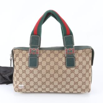 Gucci Beige Green Leather Canvas Handbag Tote Bag (Pre-Owned)