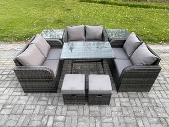 Fimous Outdoor Rattan Garden Furniture Set 8 Seater Patio Love Sofa Set with Rectangular Dining Table 2 Small Footstools 2 Side Tables in Dark Grey