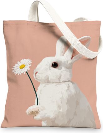 Generic Rabbit Canvas Tote Bags, Cute Bunny Floral Design Reusable Shopping Bags, Fanciful Pastel Lightweight Washable Shoulder Strap Canvas Bags for Gym Outd