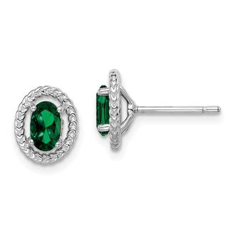 Diamond2Deal Sterling Silver Rhodium-plated Created Emerald Oval Stud Earrings