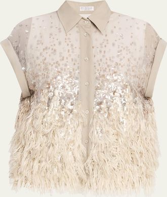 Brunello Cucinelli Sequin & Feather Silk Chiffon Blouse