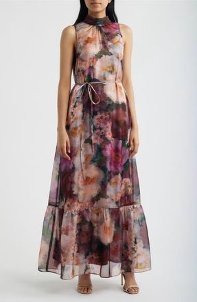 Julia Jordan Tie Neck Organza Dress in Pink/wine Multi at Nordstrom, Size 14