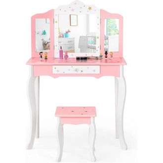 Costway Set Tavolo Toeletta per Bambini - Specchio Tripartito, Cassetto, Sgabello, Tavolo e Parte Superiore Smontabile, Rosa