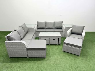 Fimous PE Rattan 3 Seater Sofa Reclining Chair Set with Oblong Coffee Table in Light Grey