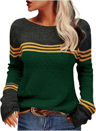 Generic Casual Round Neck Sweater with Matching Stripes for Women Ochre Yellow Ladies, Dark green, M