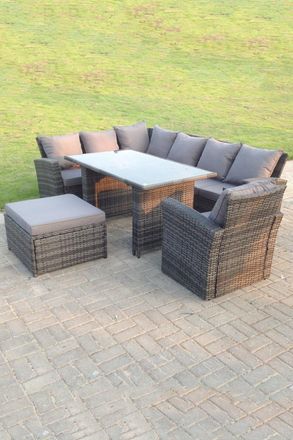 Fimous 8 Seater High Back Rattan Set Corner Sofa With Black Tempered Dining Table Footstool With Arm Chair in Dark Grey