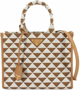 Prada Brown White Canvas Leather Shoulder Bag Tote Bag (Pre-Owned)