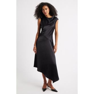 Open Edit Cowl Neck Asymmetric Satin Midi Dress in Black at Nordstrom Rack, Size Xx-Small