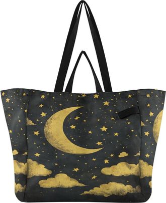 Generic Yellow Stars Clouds print Reusable Canvas Tote Bag, Heavy Duty Grocery Shopping Bag with Large Capacity Double Handles Hard Bottom Work Groceries Trav