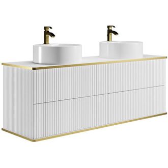 Vente-Unique Mobile bagno sospeso con scanalature con profilo dorato 2 cassetti con doppio lavabo da appoggio tondo - Bianco - 150 cm - KELIZA