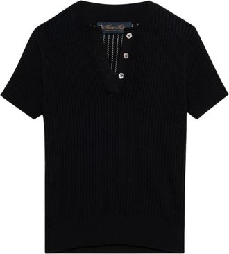 Brooks Brothers Pointelle Viscose Henley Knit Polo - Dames - V-hals truien - Zwart - L - Truien & Vesten