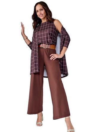 Jessica London Stretch Knit Open Front Knit Topper in Rich Brown Stripe Plaid at Nordstrom, Size Medium