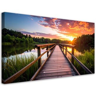 Feeby Cuadro En Lienzo, Vista Embarcadero Lago Puesta De Sol, 120x60
