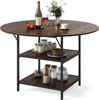 Costway 120 CM Round Dining Table for 4-6 Mid-Century Modern Kitchen Table with 2-Tier Storage Shelf-Brown