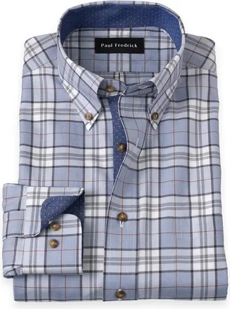 Paul Fredrick Cotton Buttondown Collar Twill Slim Contrast Trim Button Cuff Long Sleeve in Blue at Nordstrom, Size 16 X 34