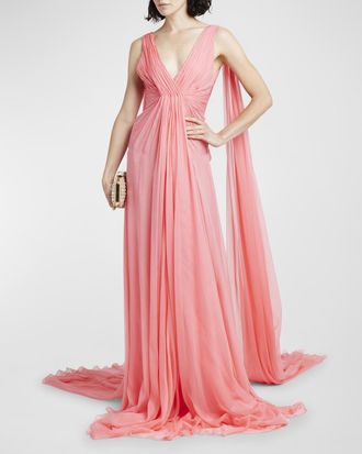 Valentino Garavani Plunging Pleated Sleeveless Silk Cape Gown