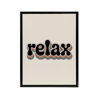 Artery8 Relax Colourful Retro Rainbow Font Typography Framed Canvas Art Print in Beige | Size: W24 x H32
