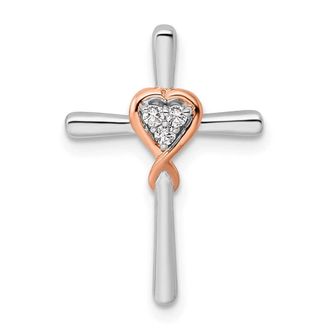 Diamond2Deal 14K Two-Tone Gold Lab Grown Diamond Heart Cross Chain Slide Pendant (0.05ct, VS, G-H)