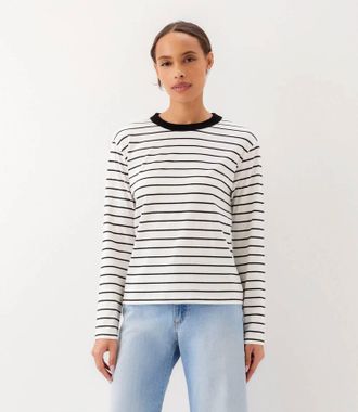 Karen Kane Stripe Long Sleeve Top In Off White With Black