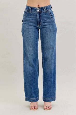 Judy Blue High Waist Double Button Wide Leg Denim Jeans -Plus In Blue