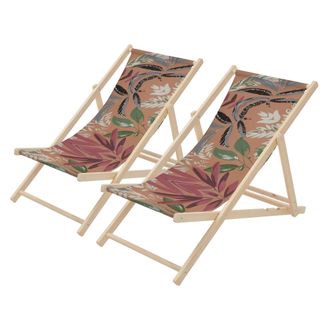 ECD Germany Ecd Germany 2x Sillas De Playa De Madera Con Dise&ntilde;o Floral Marr&oacute;n-rojo-verde Tumbona Plegable Con Respaldo Ajustable 3 Posiciones De Reclinaci&oacute;n Asien