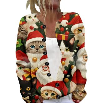 Generic Ladies Cardigan Button Down Christmas Cats Print Sweater Crewneck Warm Soft Knitted Jumper Xmas Novelty Long Sleeved Elegant Cardigans Large Size Dinn