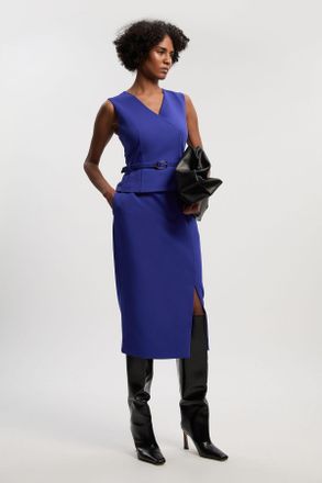 Karen Millen Womens Compact Essential Belted Tailored Midi Pencil Dress - Blue - Size 10 UK