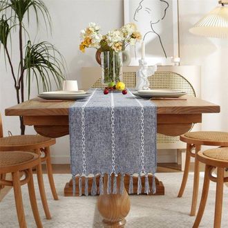 No Brand Estilo Bohemio, Color Crema, Estilo Campestre, Borlas, Lavable, Ideal Para Fiestas, Cumplea&ntilde;os, Decoraci&oacute;n De Bodas, Camino De Mesa Azul Oscuro, 33 X 