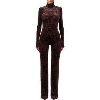 Naked Wardrobe Burnout Long Sleeve Jumpsuit in Leopard Dark Chocolate at Nordstrom, Size X-Large