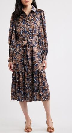 Julia Jordan Floral Long Sleeve Midi Shirtdress in Navy Multi at Nordstrom, Size 16