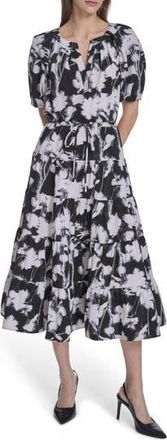 Calvin Klein Floral Short Sleeve Tiered Midi Dress in Black/White at Nordstrom Rack, Size 14