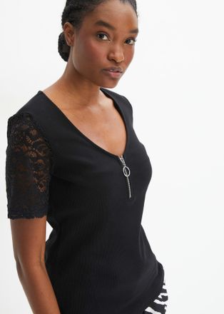 Bonprix T-Shirt BONPRIX, Damen, Gr. 52/54 (XXL), schwarz, Obermaterial: 100% Baumwolle, eng, Shirts T-Shirt, eng anliegende Passform, Kurzarm-Design, f&uuml;r viel