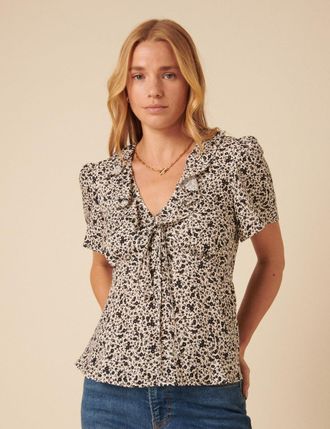 Nobody's Child Black Floral Frill Sleeve Top