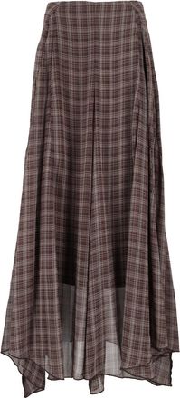 Eleh Brown Asymmetrical Plaid Midi Skirt