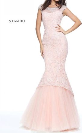 Sherri Hill Womens Beaded Lace Mermaid Gown In Blush