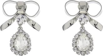 Alessandra Rich Bow Earrings With Crystal Pendant In Silver-plated Brass