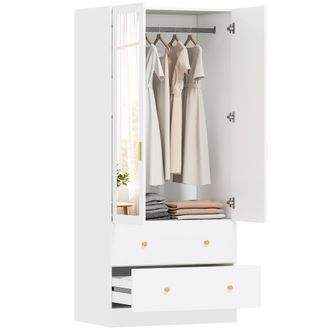 OEM Armario Dormitorio 2 Puertas Y 2 Cajones Armario Ropero Con Espejo Barra Para Colgar 80x50x180 Cm Blanco