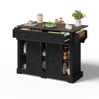 STILVORA Carro De Cocina Con 2 Puertas Correderas, 2 Cajones, Encimera Abatible Y Estantes Ajustables En Mdf 120x45x91 Cm Negro