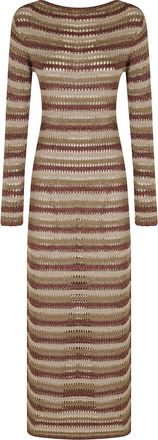 MC2 Saint Barth Brown Robyn Striped Lurex Boat Neckline Viscose Midi Dress