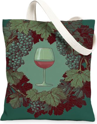 Generic Vintage Artistic Canvas Tote Bags, Grapes and Wine Glass Design, Reusable Grocery Bags, Lightweight Washable Canvas for Tra, Green, 13x15 Inch