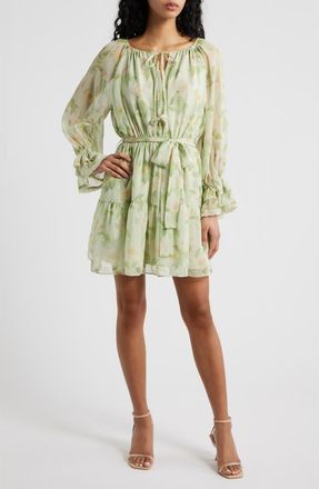 En Saison Paloma Floral Print Long Sleeve Minidress in Sage Pink Yellow at Nordstrom, Size X-Large