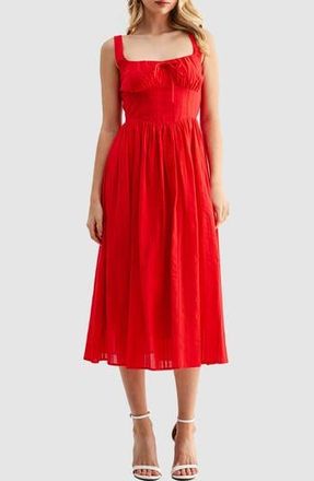 Lush Shirred Corset Midi Dress in Coral Red at Nordstrom Rack, Size Medium