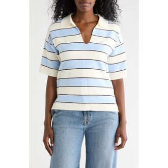 T Tahari Stripe Short Sleeve Polo Sweater in Ivory/Chocolate/Pastel Blue at Nordstrom Rack, Size X-Small