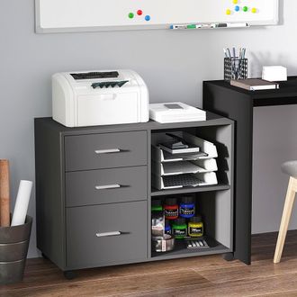 Carter's Freestanding Printer Stand Unit Office Desk Side Mobile Storage w/ Wheels 3 Drawers - 2 Open Shelves Modern Style 80L x 40W x 65H cm - Grey Cabinet Dr