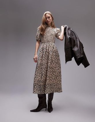 & Other Stories puff sleeves midi dress with shirred bodice in black and beige hearts print-Multi