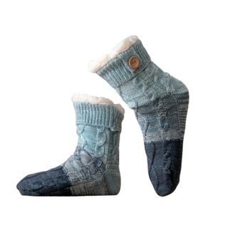 Generic Knitted Ultra-thick Slipper Home Socks, Tri-color Patchwork Cashmere Calf-Length Sock with Non-Slip Grippers for Women, Fluffy Fleece Lining for Warm 